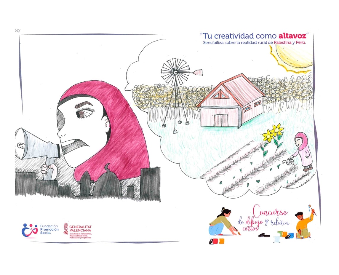 Martina, Daniela and Victoria reflect through drawing and serve as a speaker to raise awareness about the reality of Palestinian women in rural areas
